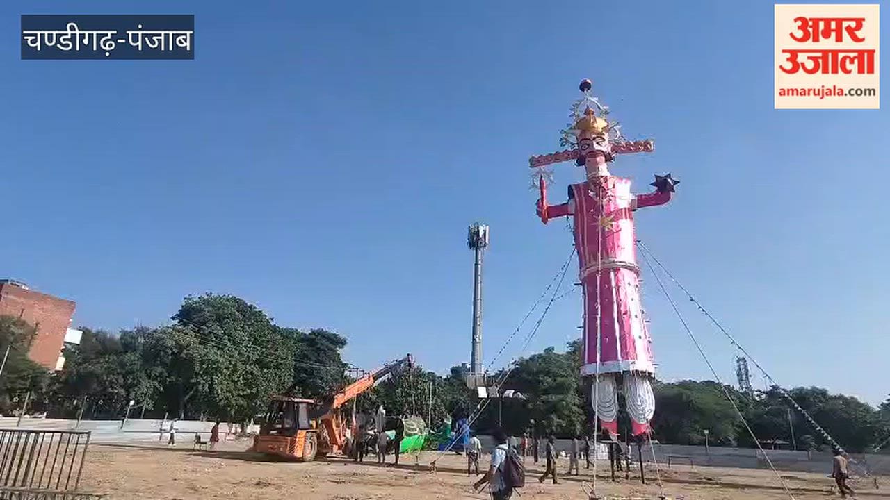 Effigies of Ravana, Kumbhakarna, and Meghnada set up on the grounds in Chandigarh's Sector 46